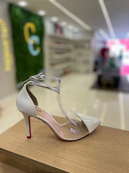 Scarpin Branco Giseli Salto Fino Transparência de Amarrar