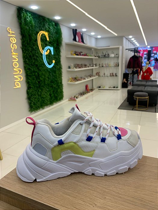 Tênis Sneaker Natalia Branco com detalhes Pink e Lima
