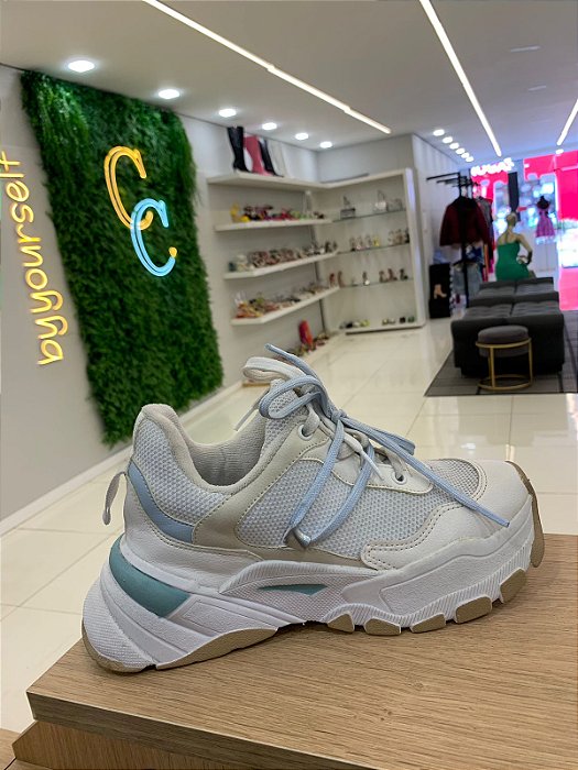 Tênis Sneaker Natalia Branco Celeste com detalhe verde agua e azul claro