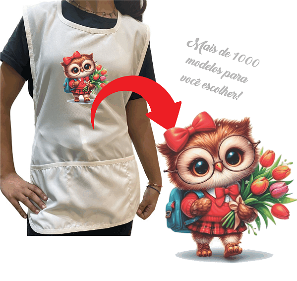 Avental Branco 3 Bolsos Oxford Personalizado com Imagem Fofa de Corujinhas e Borboeltas scolha o Modelo de Imagem no Anuncio