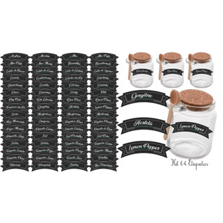 Kit 64 Adesivos à Prova d'Água para Temperos – Tags Pretas Elipse Bandeirinha 4,8x1,4cm