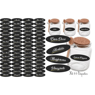 Kit 64 Adesivos Pretos 4x2,2cm à Prova d’Água – Etiquetas Elipse para Potes de Tempero, Vidros e Tubetes