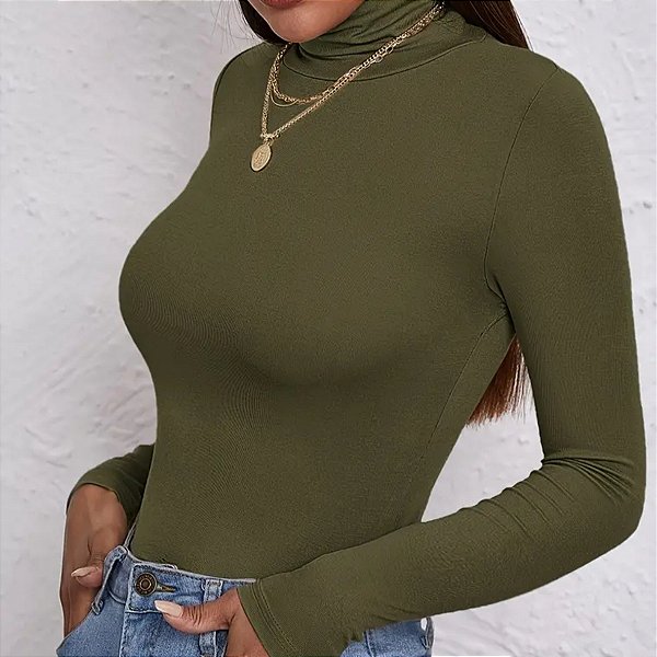 Blusa Cacharrel Gola Alta Manga Comprida Suplex Segunda Pele Moda