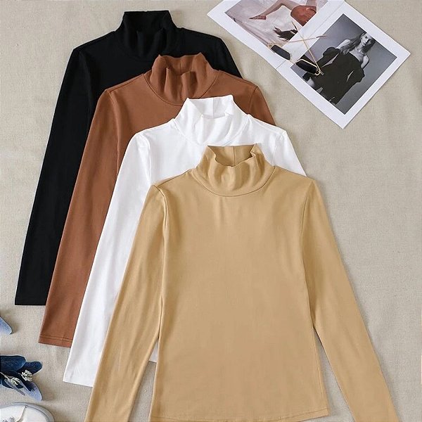 Blusa Cacharrel Gola Alta Manga Comprida Suplex Segunda Pele Moda