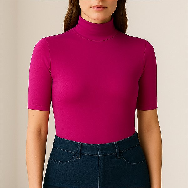 Blusa Feminina Básica Suplex Gola Alta Manga Curta