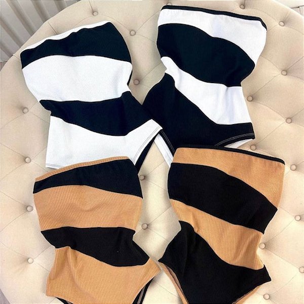 Body Feminino Tomara que caia com Bojo Bicolor preto e branco Verão