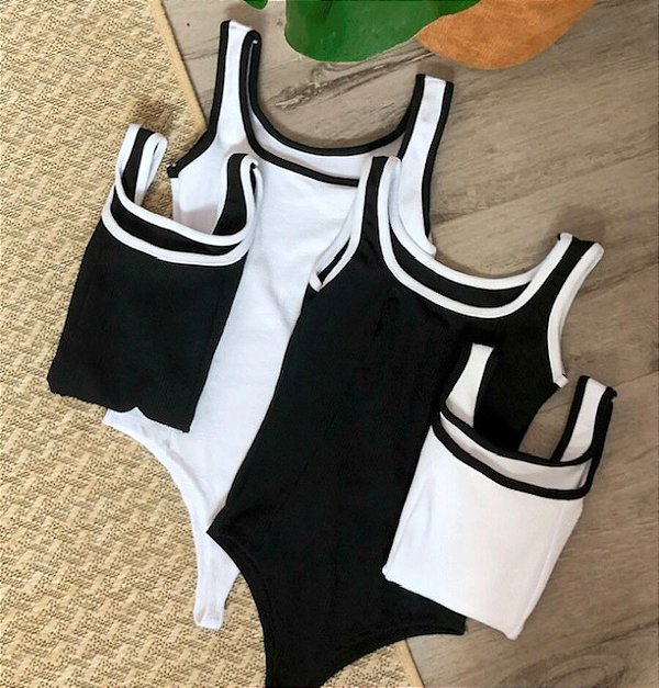 Body Regata Alça Larga Bicolor Branco e Preto