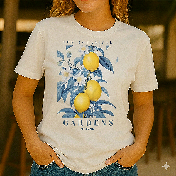 Camiseta Feminina Algodão Estampas Tropicais Moda Verão LIMÃO GARDENS