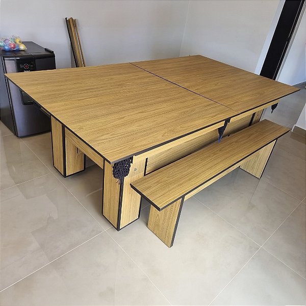 Mesa de Bilhar e Jantar Charme com Bancos Cor Freijó Amazonas Tecido Vermelho 2,20 x 1,20