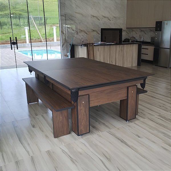 Mesa de Bilhar e Jantar Charme com Bancos Cor Malaga 2,40 x 1,40