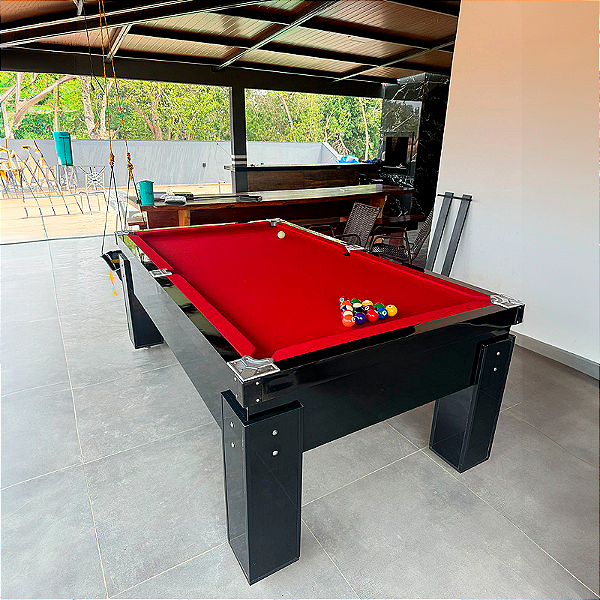 Mesa de Sinuca Atrativo Gaveta Cor Preta Brilho 2,25 x 1,30 Tecido Vermelho