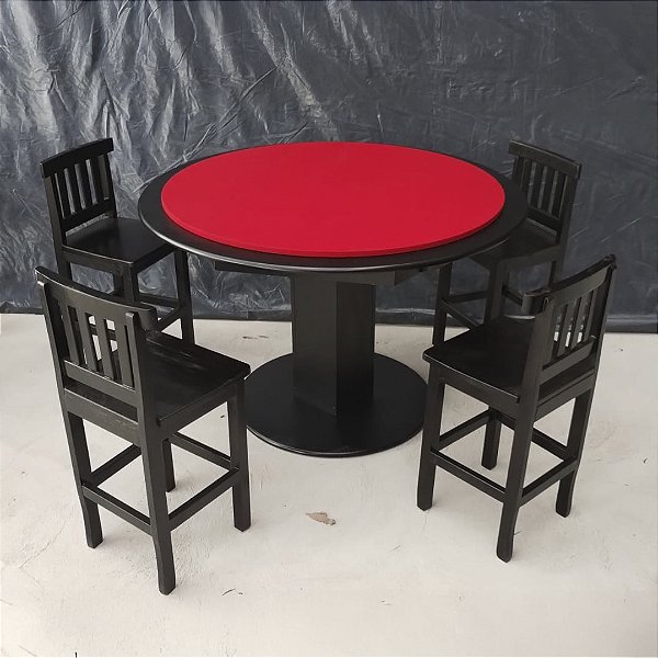 Mesa de Carteado Redondo Preta Tecido Vermelho com Banquetas