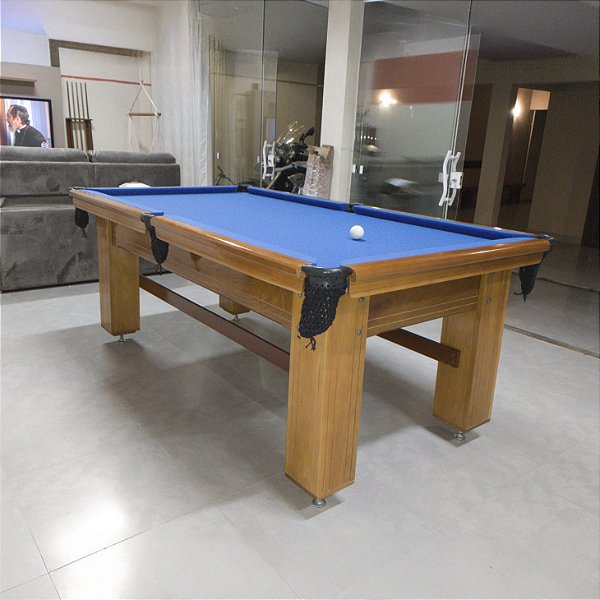 Mesa de Bilhar Diver Madeira Maciça Cor Imbuia Tecido Azul 2,20 x 1,20