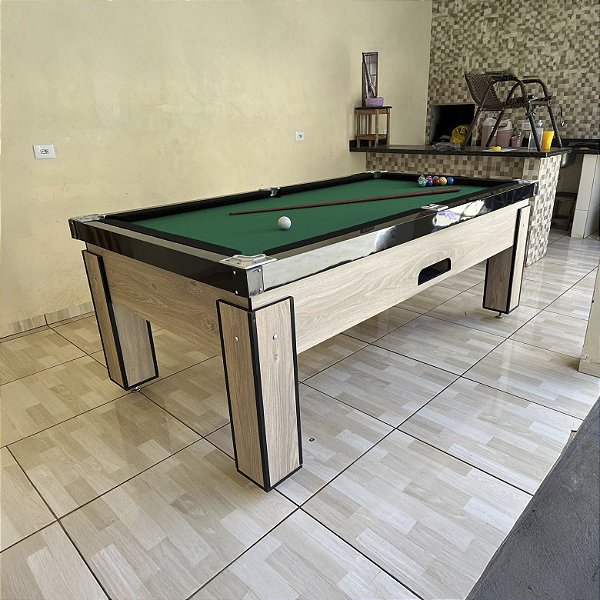 Mesa de Bilhar Fascinação Cor Carvalho Montreal Tecido Verde Bordas Pretas 2,20 x 1,20