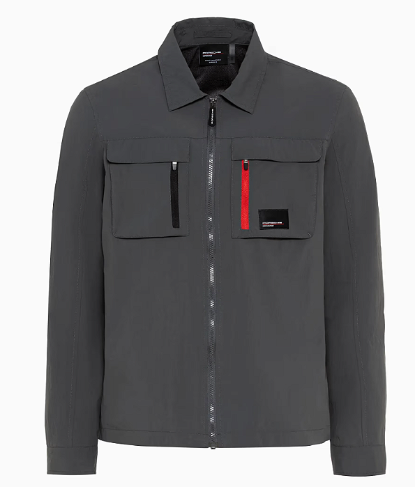 Jaqueta unissex cinza escuro.