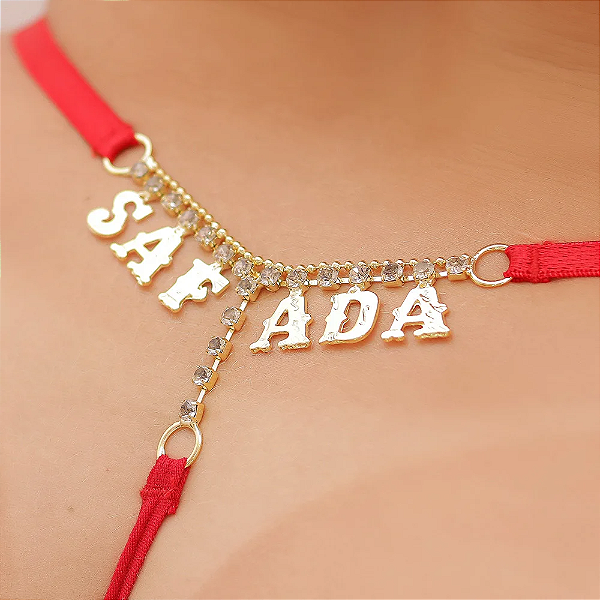 Fio Dental de Renda Vermelha com Strass e Ajuste Lateral