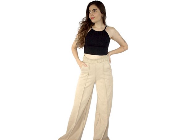 Calça Moletom Flanelado Feminina Pantalona Casual Wide Leg