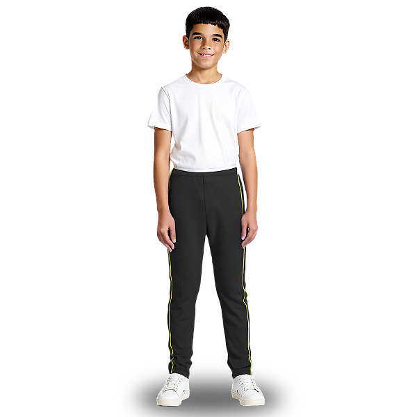 Calça Helanca Juvenil Preto Friso Listra Amarelo