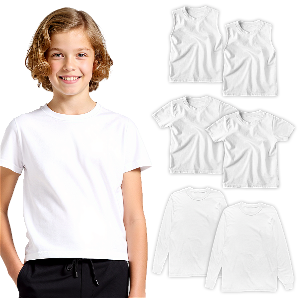 Kit Camisetas Infantil 100% Algodão Regata, Manga Curta e Manga Longa