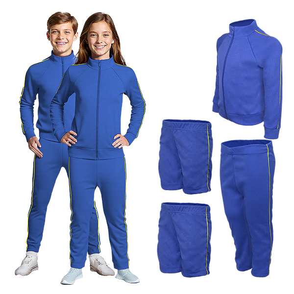 Kit Uniforme Juvenil Azul Royal Friso Amarelo Helanca