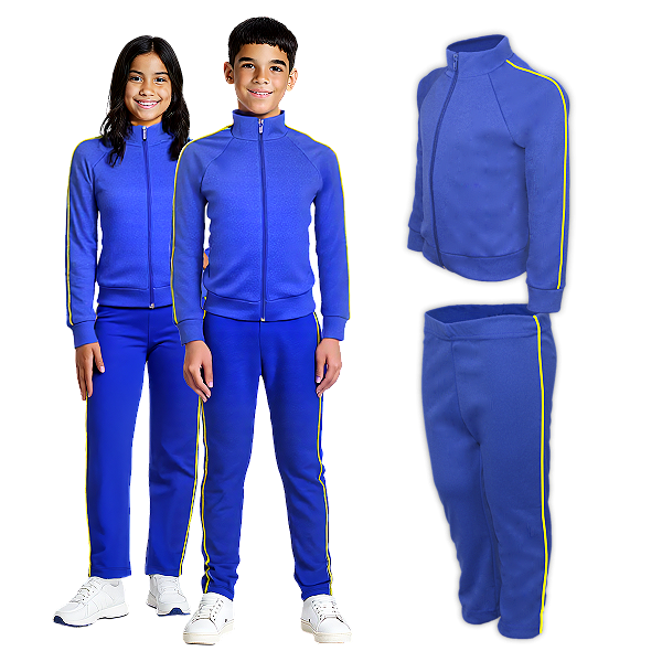 Kit Conjunto Juvenil Azul Royal Friso Amarelo Helanca