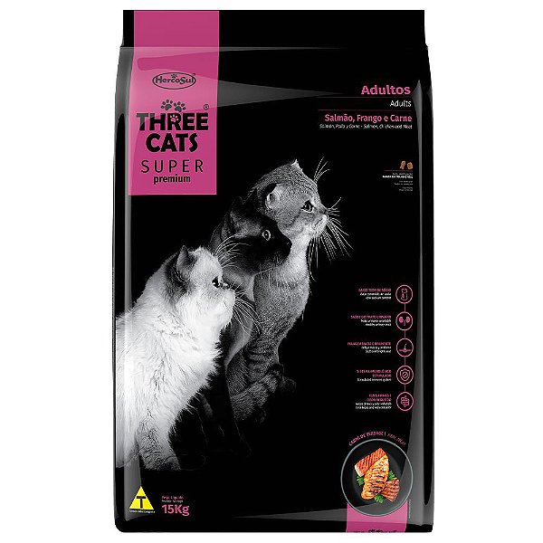Racao Three Cats Sp Ad Salmao, Frango e Carne 15kg