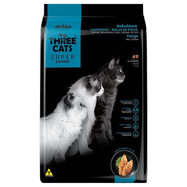 Racao Three Cats Sp Bola Pelo Castrado Frango 500g