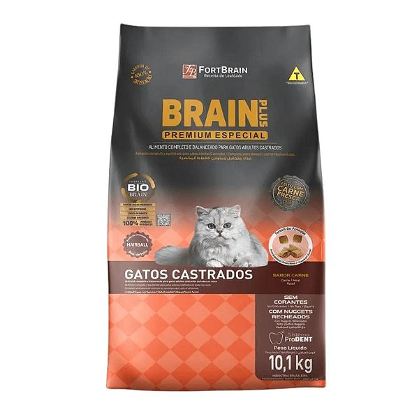 Racao Brain Plus Gatos Castrado Carne Bolas de Pelo 10,1 Kg