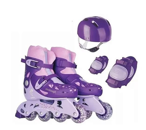Patins In-line Roxo Ajustável Numeração 30 A 33 Kit Proteção Fênix