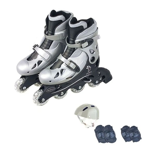 Patins In-line Ajustável Prata 34 Ao 37 + Kit Proteção Fenix