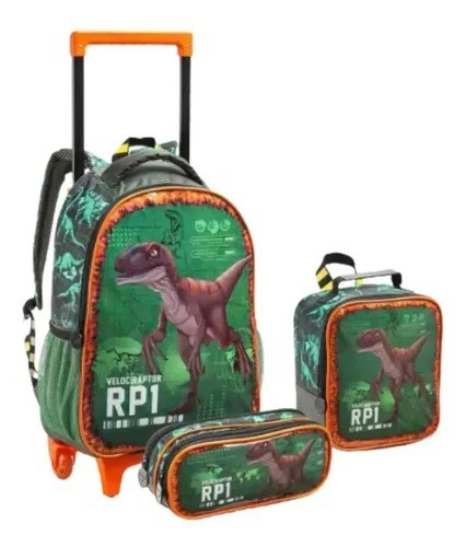 Kit Mochila Escolar Rodas Estojo Lancheira Dinossauro Velociraptor Seanite