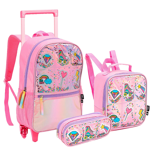 Kit Mochila Escolar Rodas Infantil Brilhante Rosa Lancheira Estojo Seanite