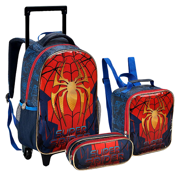 Kit Mochila Escolar Rodas Spider Lancheira e Estojo Seanite