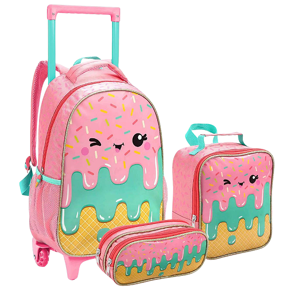 Kit Mochila Escolar Rodas Lancheira Térmica e Estojo Sorvete Seanite