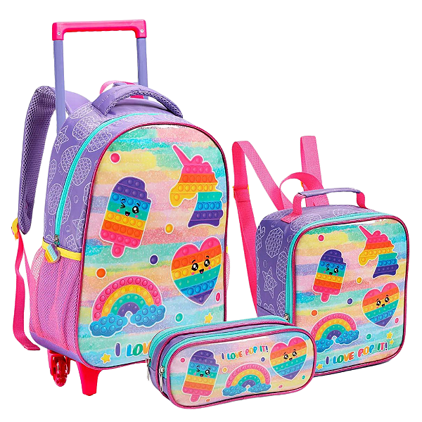 Kit Mochila Escolar Rodas Lancheira Térmica e Estojo Pop It Seanite