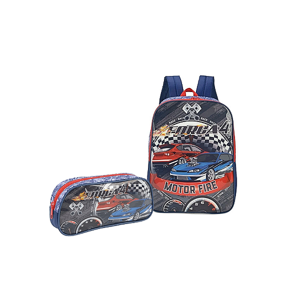 Kit Mochila Escolar De Alças + Estojo Força 4 Corrida Luxcel