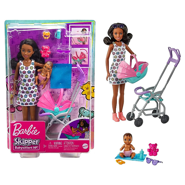 Barbie Skipper Babysitters Negra C/ Carrinho De Bebe Mattel HHB68
