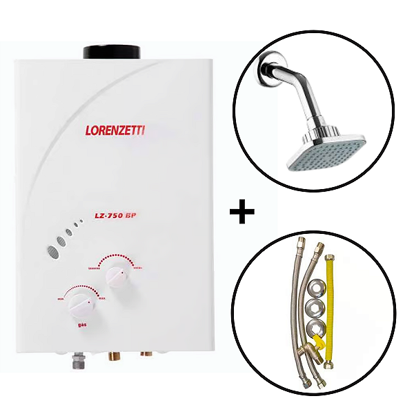 Aquecedor a Gás Lz 750BP GLP com Kit de Instalação + Ducha Flatt Quadra