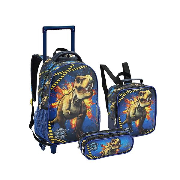 Kit Mochila Escolar Rodas T-Rex Zone Azul Seanite