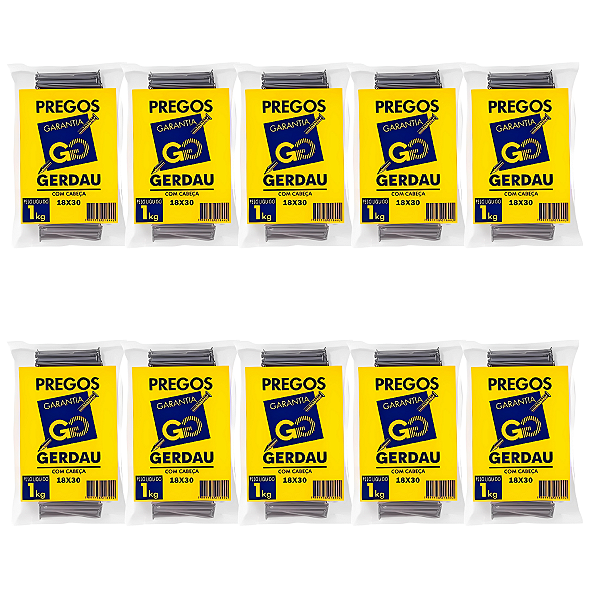 Kit com 10 Pacotes de Prego POL com Cabeça 18x30 Gerdau