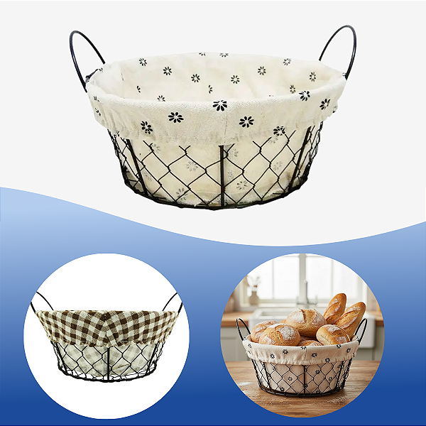 Cesto Metal Redondo Para Pães Com Forro Algodão