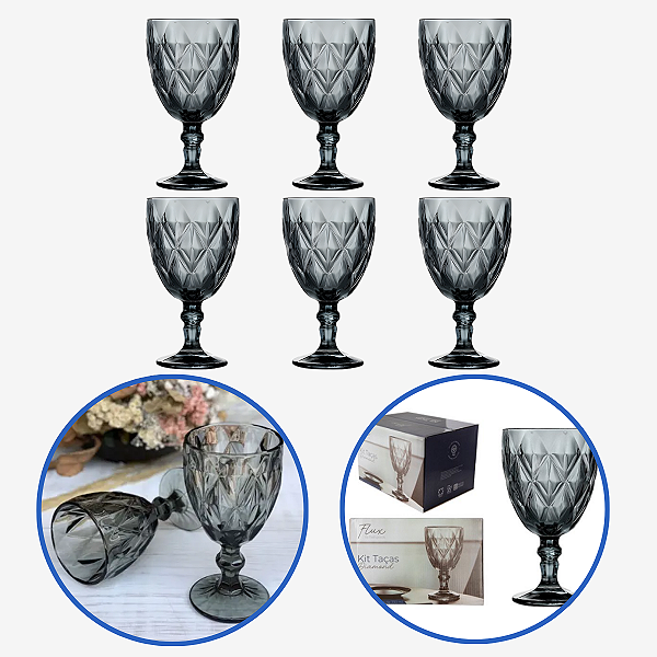 Jogo 6 Taças De Vidro Cinza 330ml Transparente Diamante