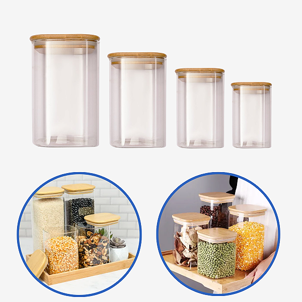 Conjunto 4 Potes Mantimentos Quadrado Tampa Bambu Hermético