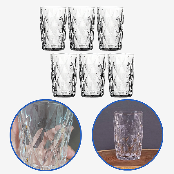 Jogo De Copos Diamante Clear 350ml De Vidro Class Home 6pçs