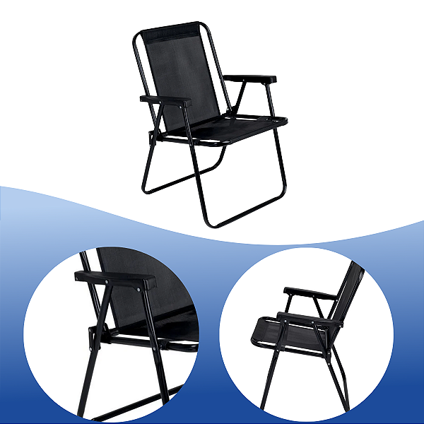 Cadeira de Praia Alta Mor Preta Dobrável em Aço