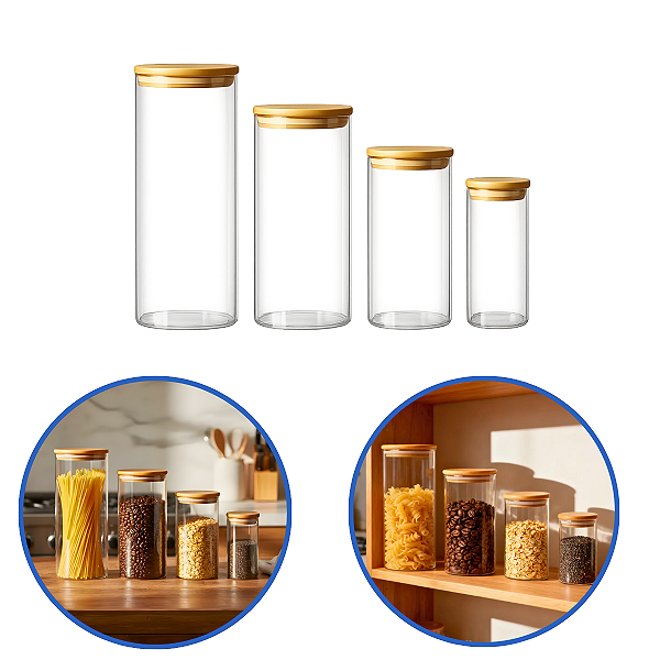 4 Potes de Vidro Hermético Redondo com Tampa Bambu Casavita