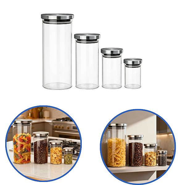 4 Potes de Vidro Hermetico Redondo com Tampa Inox Casavita