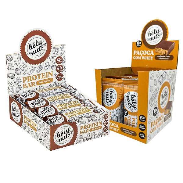 Combo: Caixa Barrinha de Proteína Bolo de Nuts + Caixa Paçoquinha com Whey