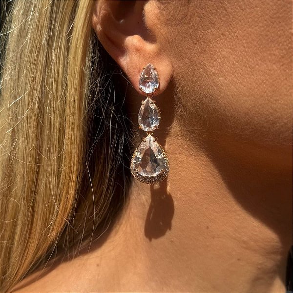 BRINCO FESTA TRES PEDRAS GOTA ZIRCONIA CRISTAL