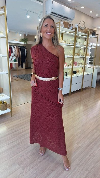CONJUNTO SAIA BLUSA OMBRO SÓ ASSIMETRICA MARSALA